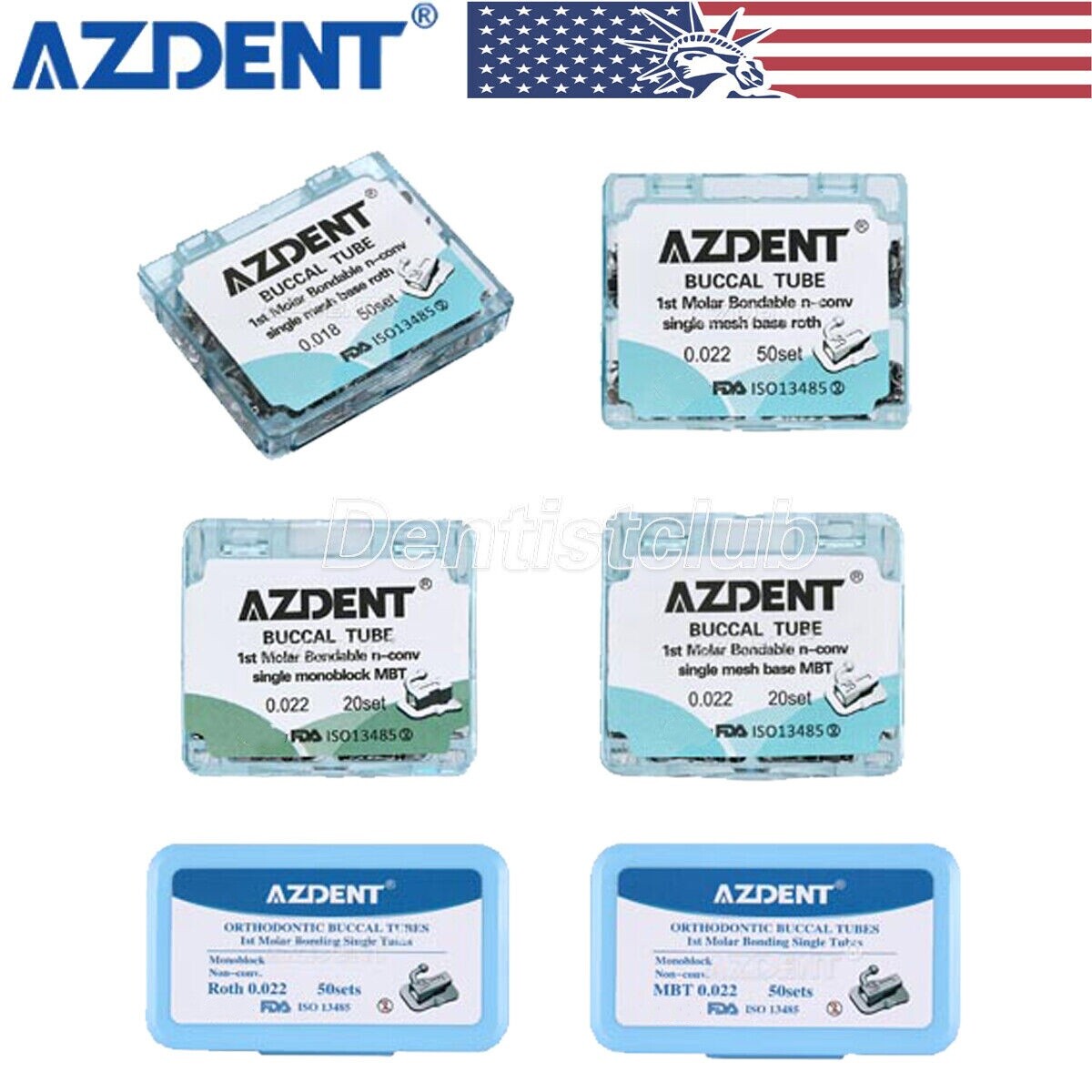 AZDENT Dental Orthodontic Buccal Tubes 1st Molar Bondable Non-Conv MBT/Roth .022