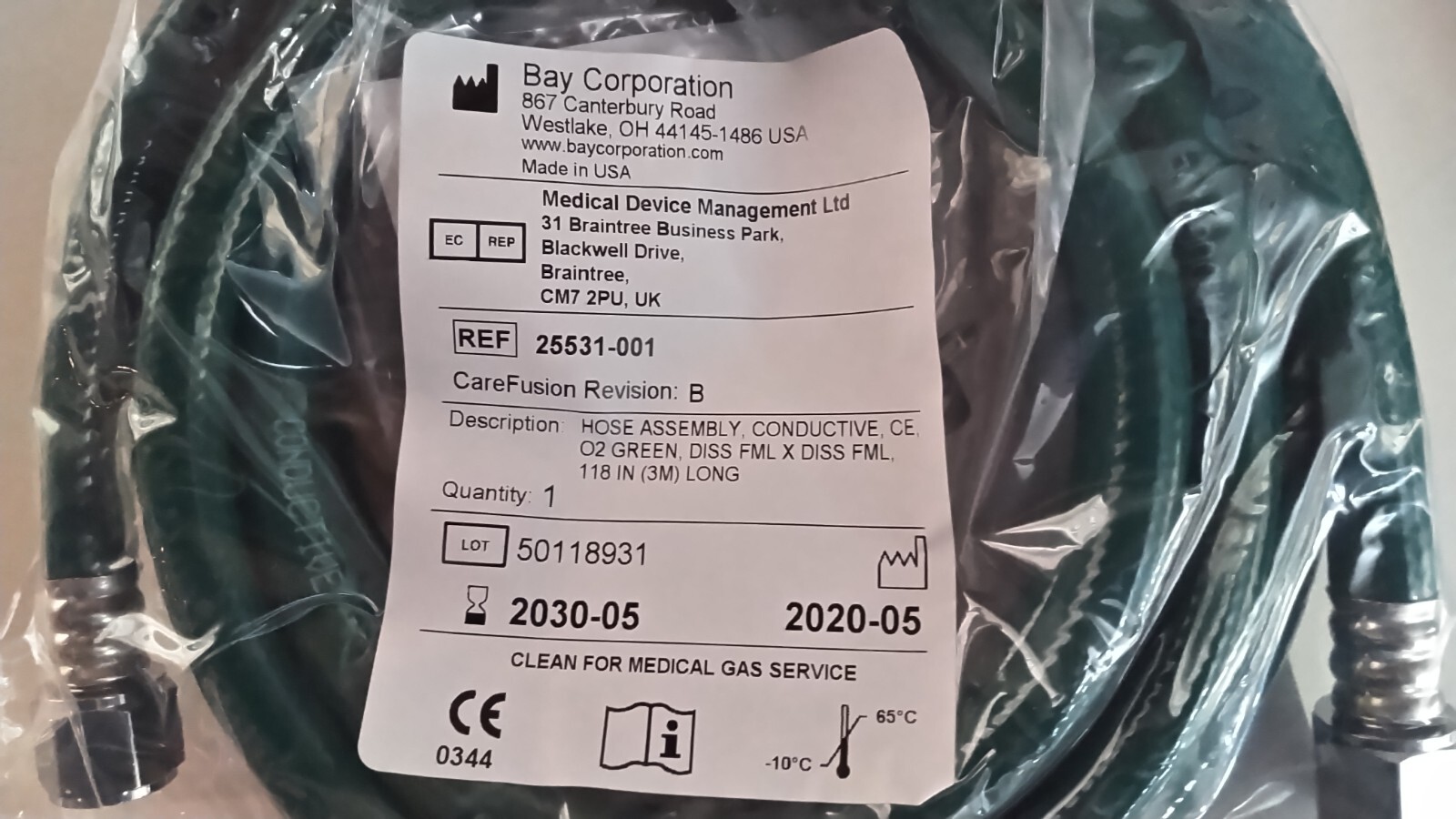 Medical Green Oxygen Hose Bay Corporation 25531-001, 118″ long. 