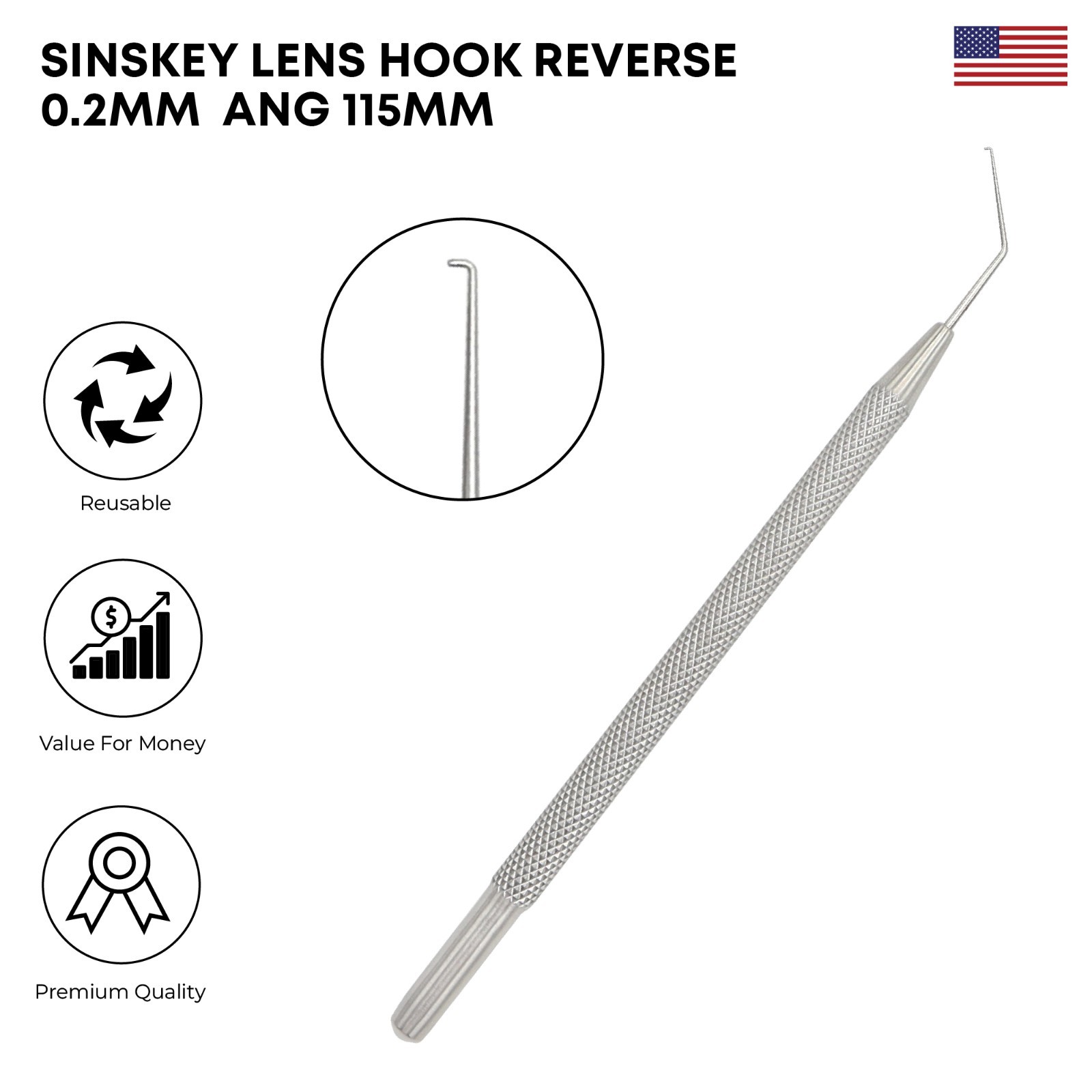 Sinskey Lens Hook Reverse 0.2 mm Tip Angle German Steel Ophthalmic Instruments