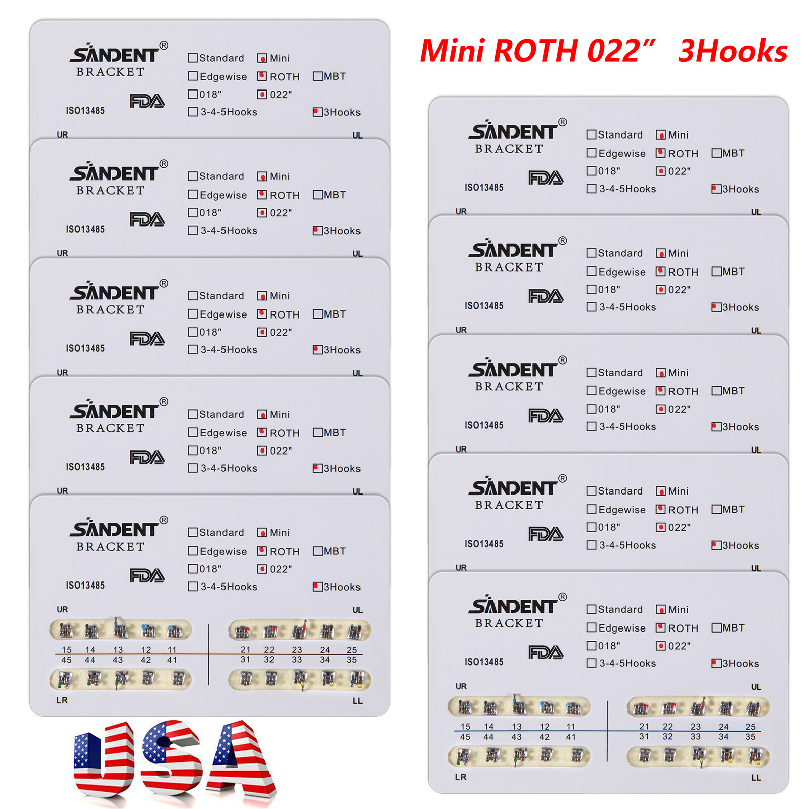 10 bags US Dental Orthodontic Metal Bracket Braces Mini Roth 022 Slot 3 Hooks