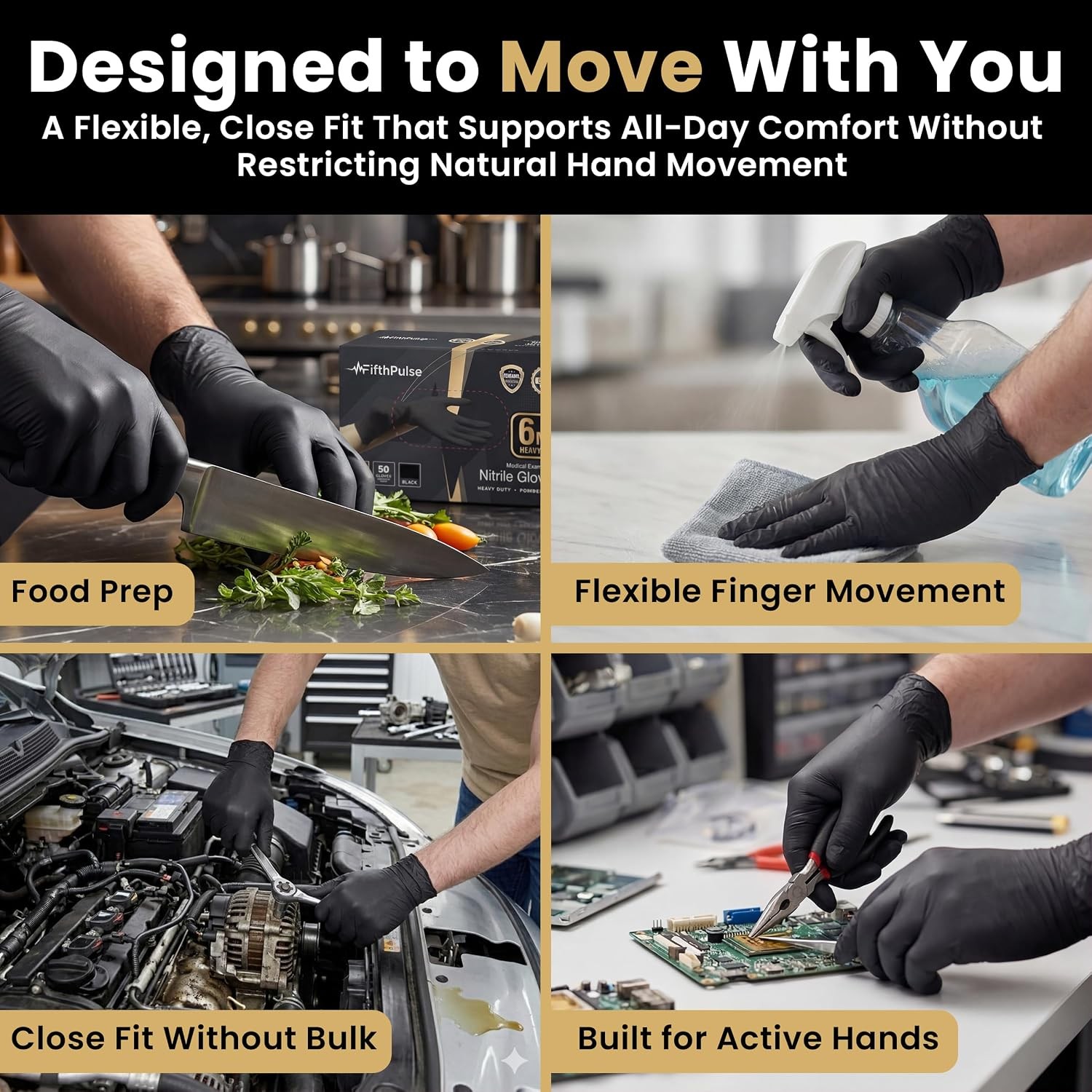 6 Mil Black Nitrile Gloves, Heavy Duty Mechanic and Food Grade Glove –