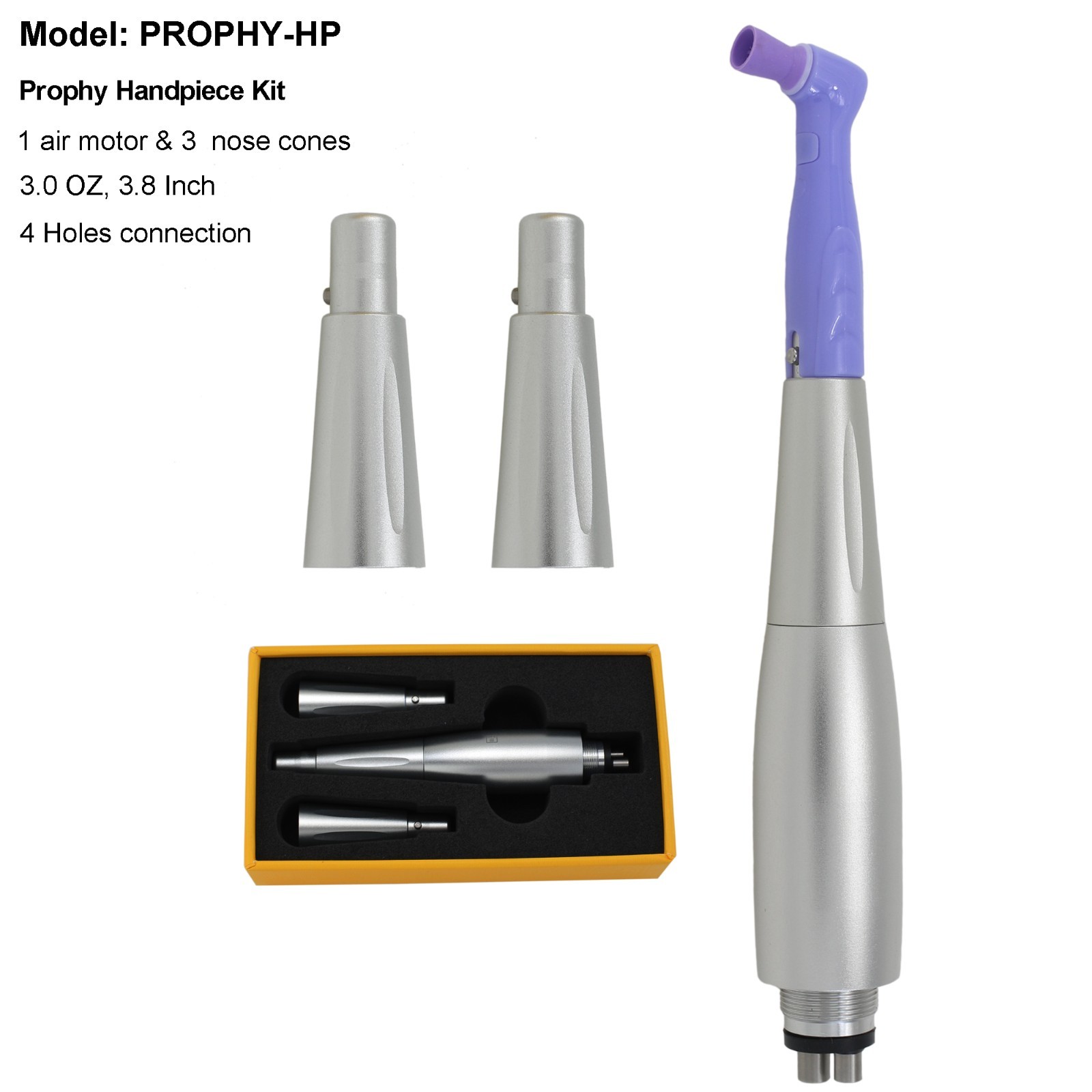 Dental Hygiene Prophy Air Motor Handpiece 3 Nose Cones 4 Holes 360 Degree Swivel