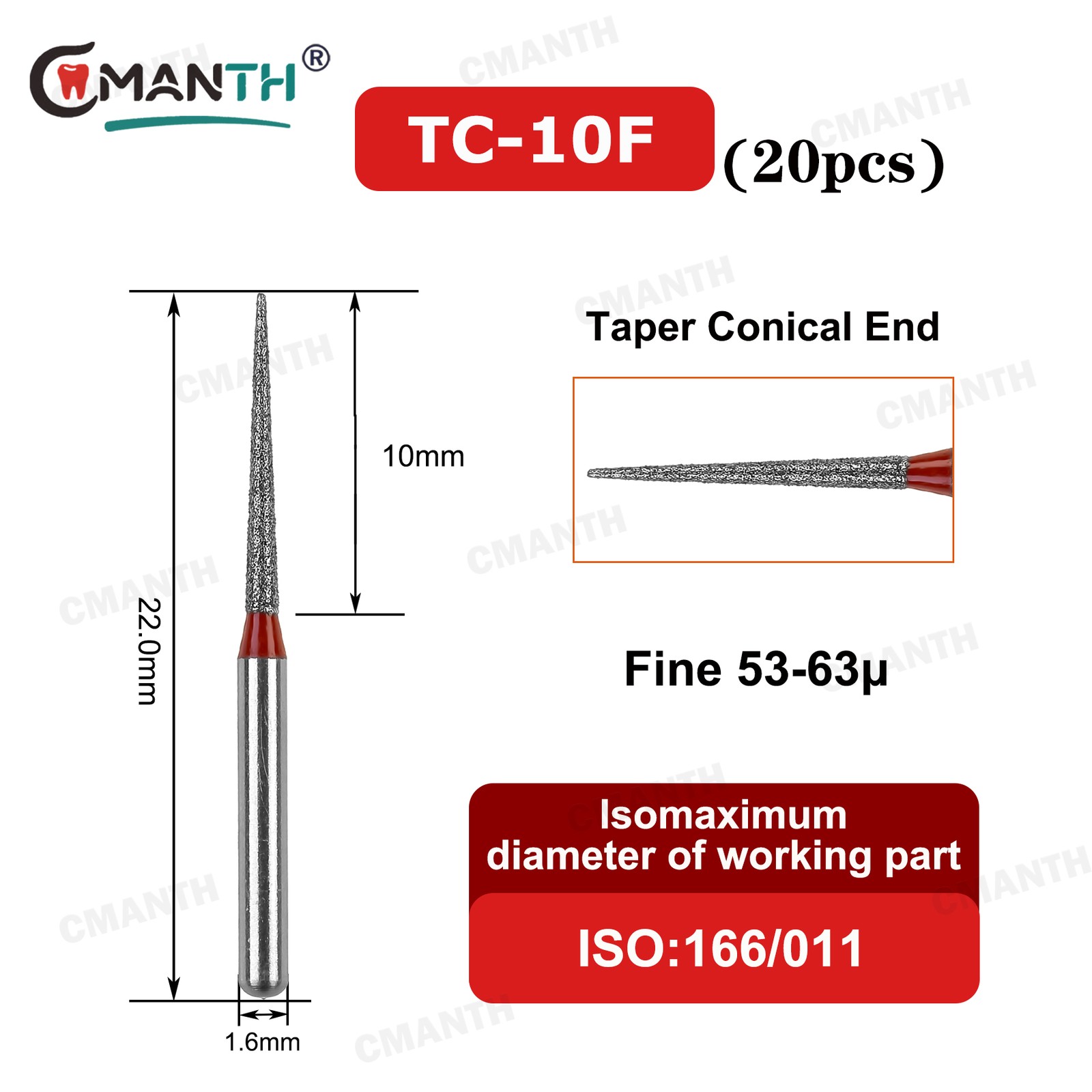 20Pcs Diamond Burs Dental FG High Speed Burs Taper Conical End Burs Fine 53-63μ
