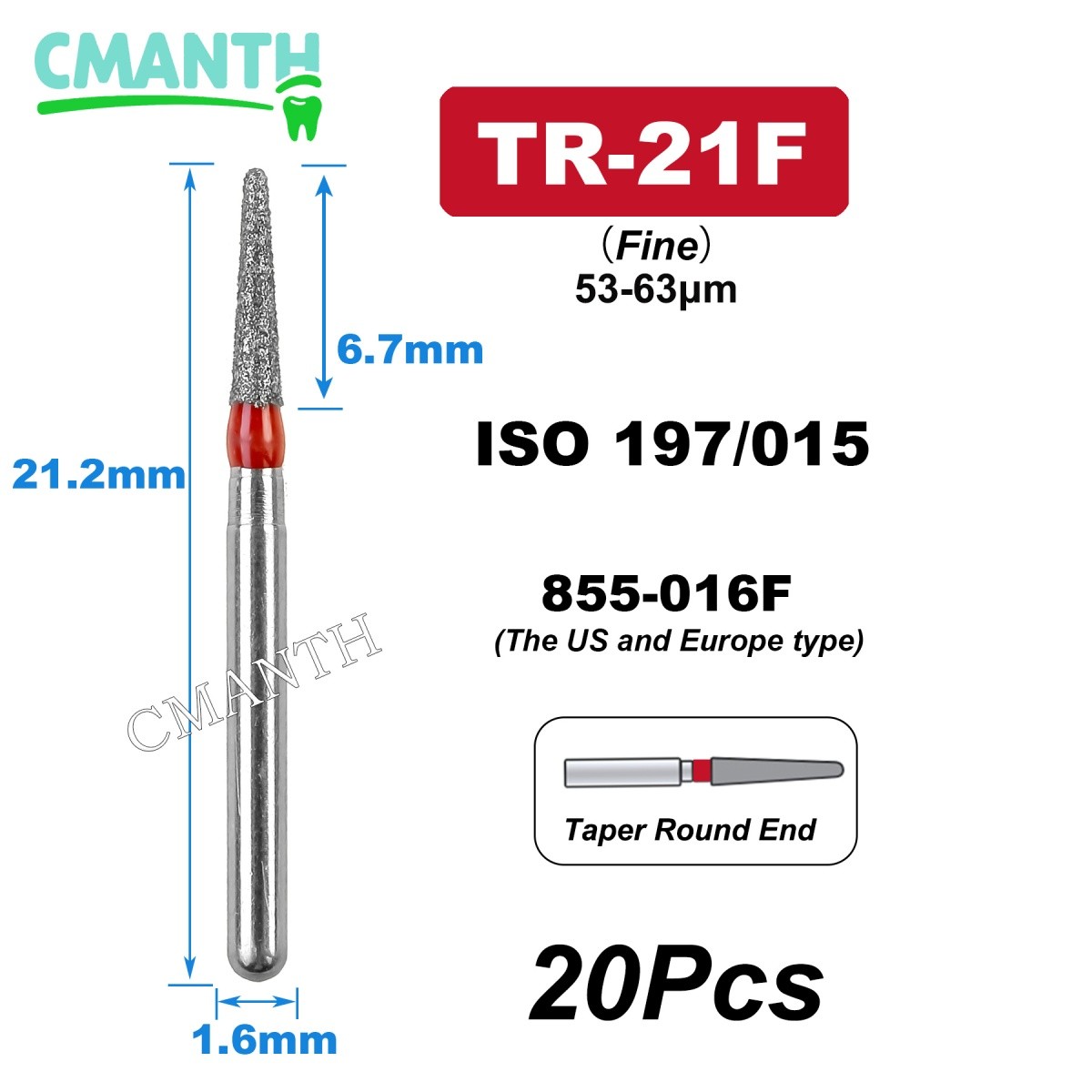 US Dental Diamond Burs FG High Speed Drills Tools TR-11F 197-015 Dia.1.6mm 20Pcs