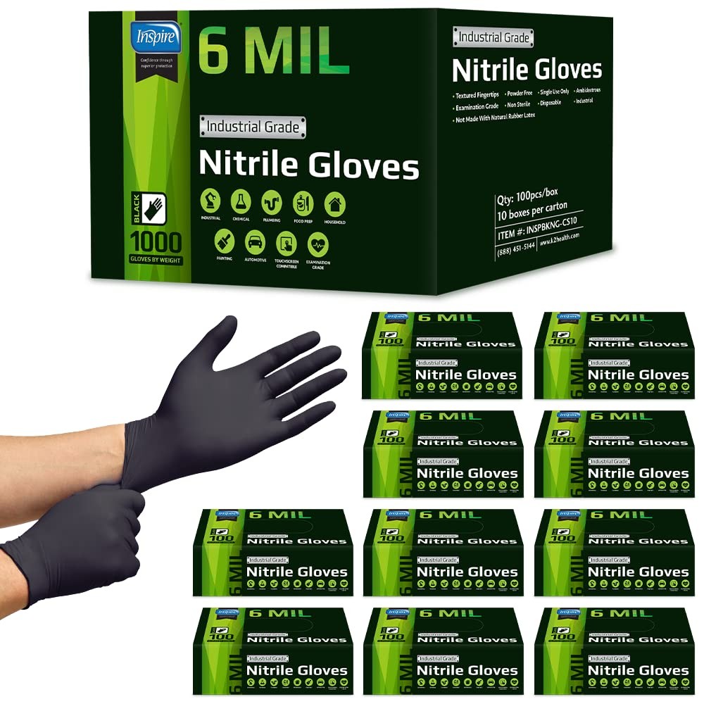 Inspire HEAVY DUTY 6Mil Stretch Nitrile Gloves Black Large Disposable Latex Free