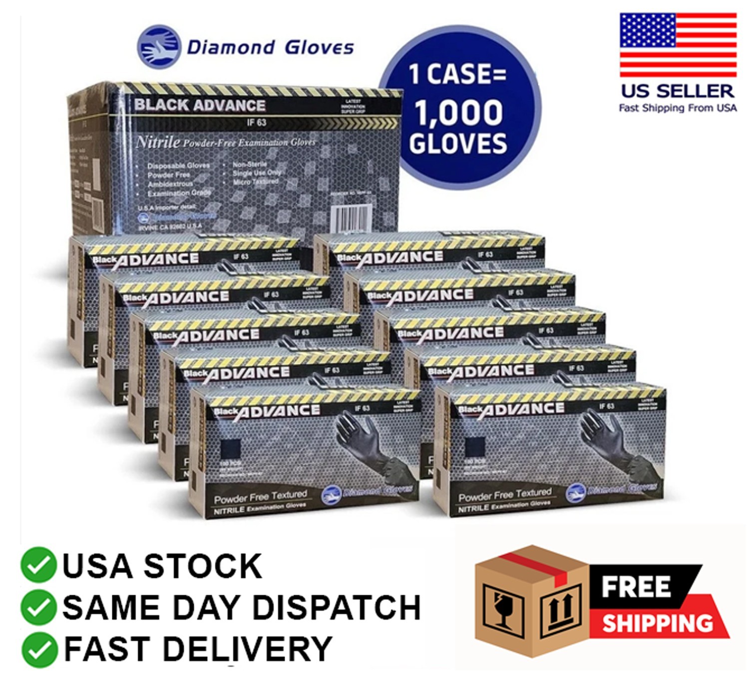 Advance Black Nitrile Exam Gloves Powder Free 1000 PC 6 Mil Latex Free Glove New