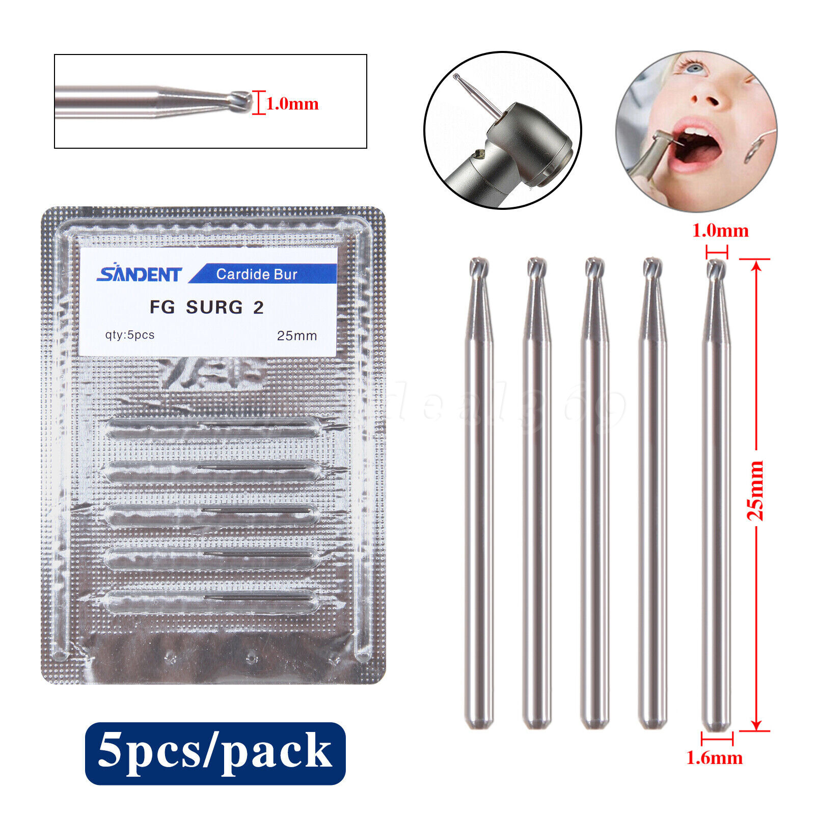 SANDENT Dental Round Burs Carbide Surgical High Speed FG SURG 02 03 04 05