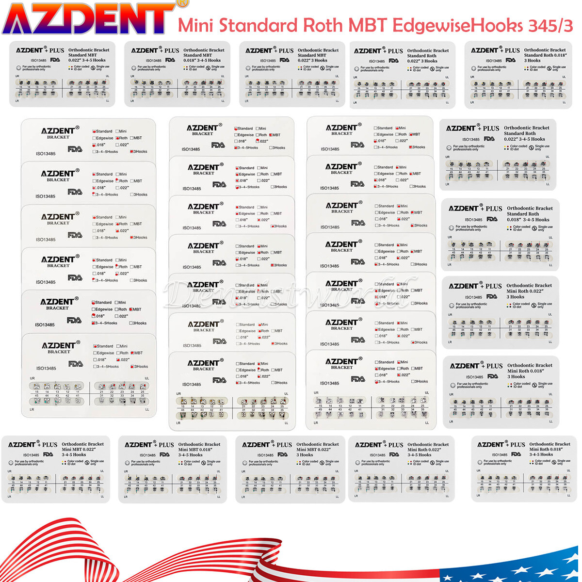 10X AZ Dental Ortho Metal Brackets Braces Mini/Standard Roth/MBT .022 Hooks 345