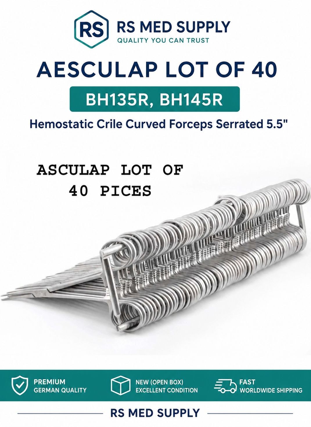 AESCULAP LOT OF 40 BH135R,BH145R Hemostatic Crile Curved Forceps Serrated 5.5″
