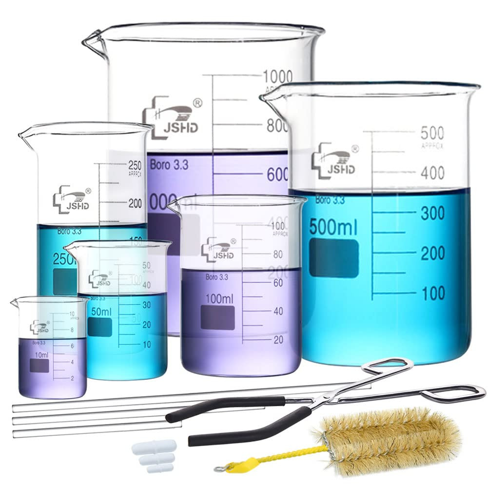 14PCS Glass Beaker Set, 6 Sizes – 10Ml 50Ml 100Ml 250Ml 500Ml 1000Ml Graduated