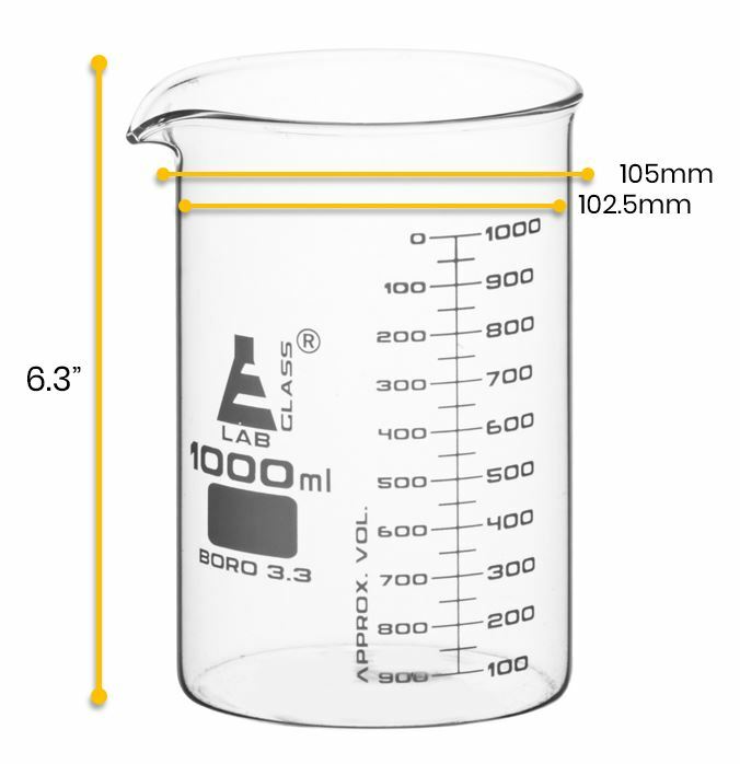 Eisco Labs 1000ml Beaker, Low Form, Dual Scale – ASTM – Borosilicate Glass
