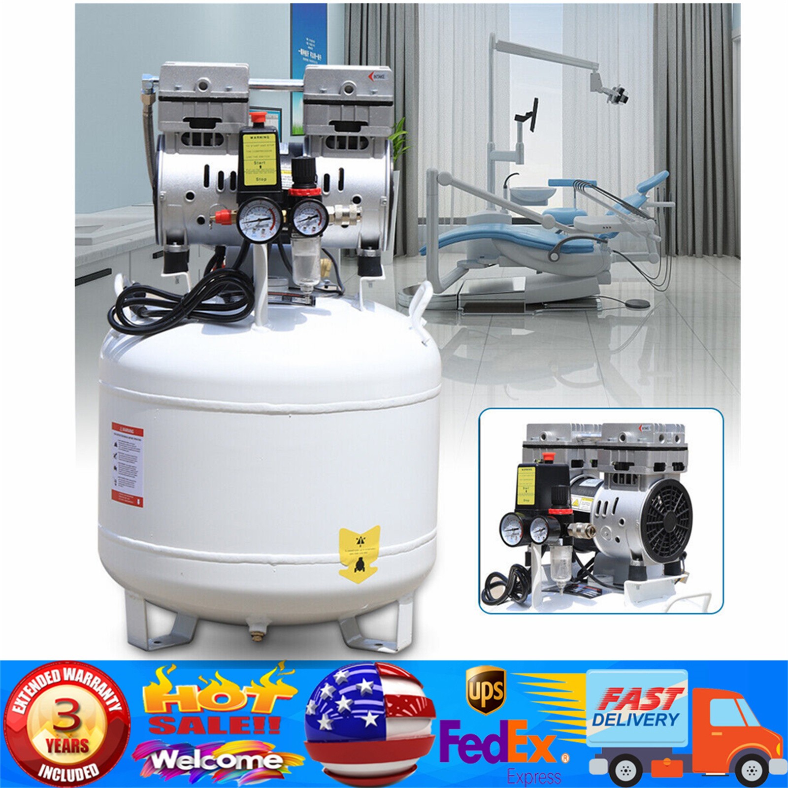 Dental Medical Air Compressor Silent Air Compressor Oilless 115PSI 0.75KW 110V~！