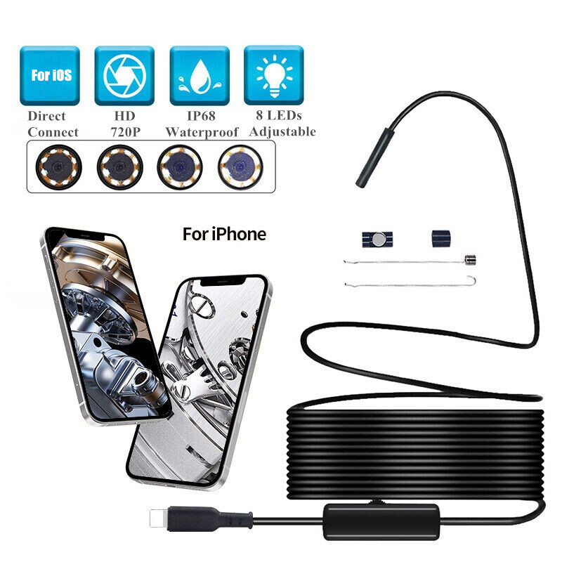 8MM Borescope Endoscope Snake Inspection Camera Cable Direct Connect To iPhones