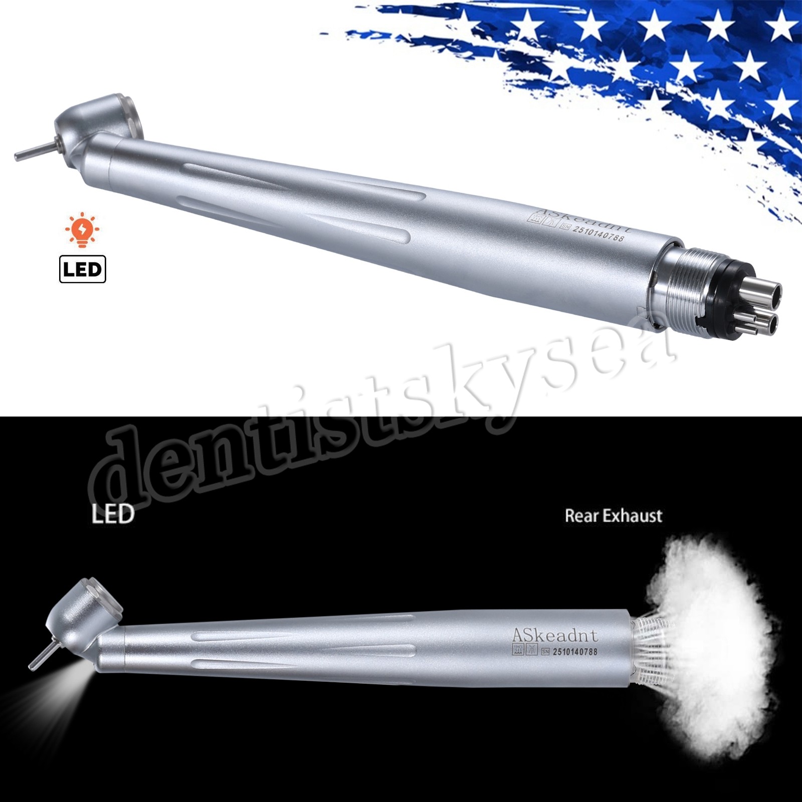 LED Dental 45 Degree High Speed Handpiece 4 Hole Stainless Steel Bearing M4