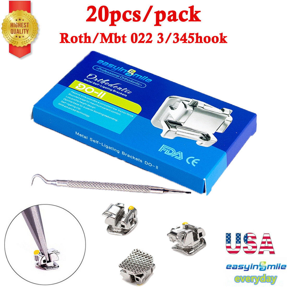 20Pcs Dental Self-ligating Orthodontic Brackets Metal Braces Roth/Mbt 022 + Tool