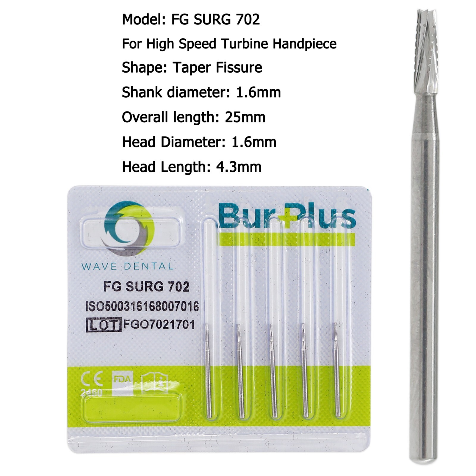 Wave Dental Surgical Carbide Burs 701 702 702L 703 FG High Speed Long Shank 25mm