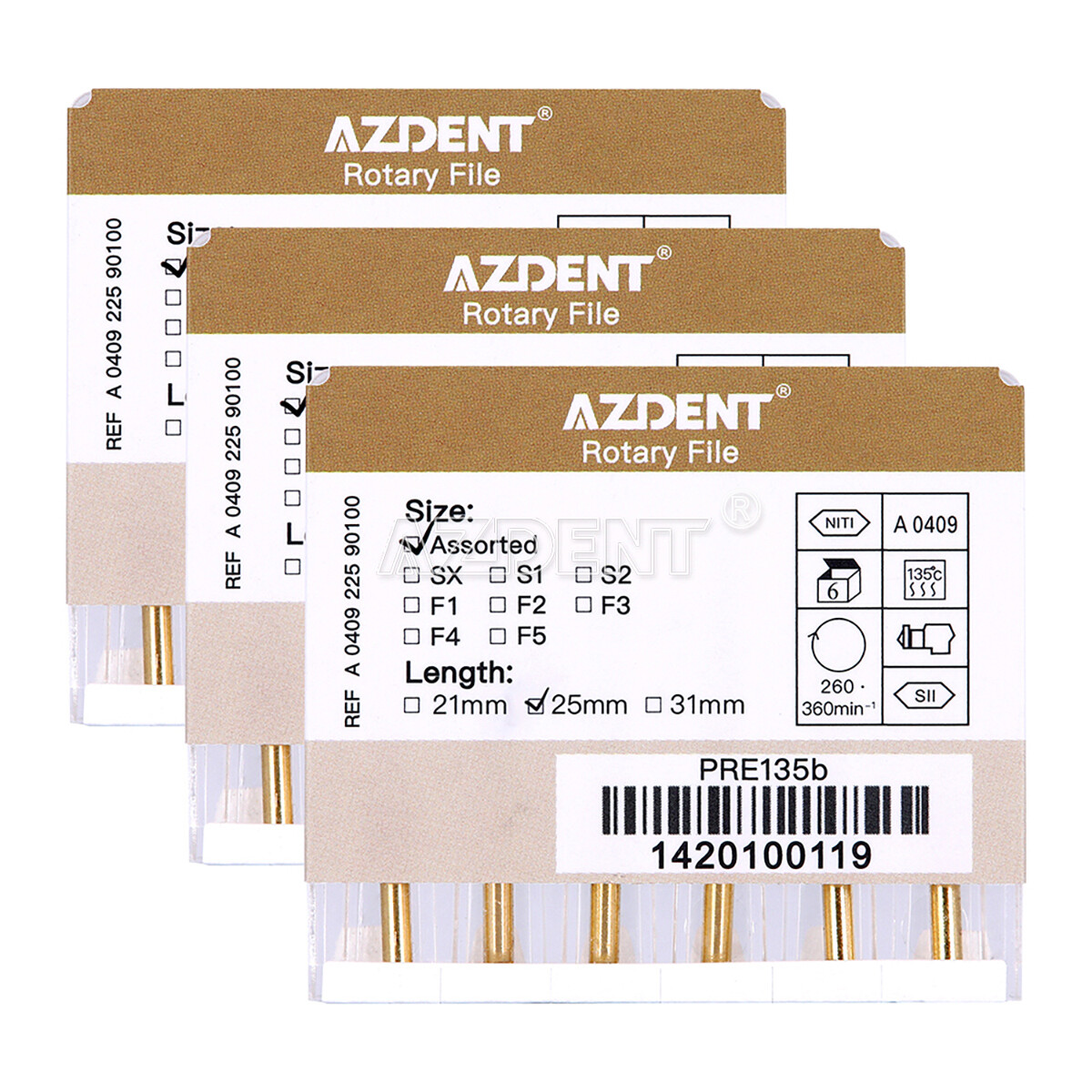 AZDENT Dental Endodontic Gold Taper NITI Rotary File Engine Use 25mm 6pcs/pack