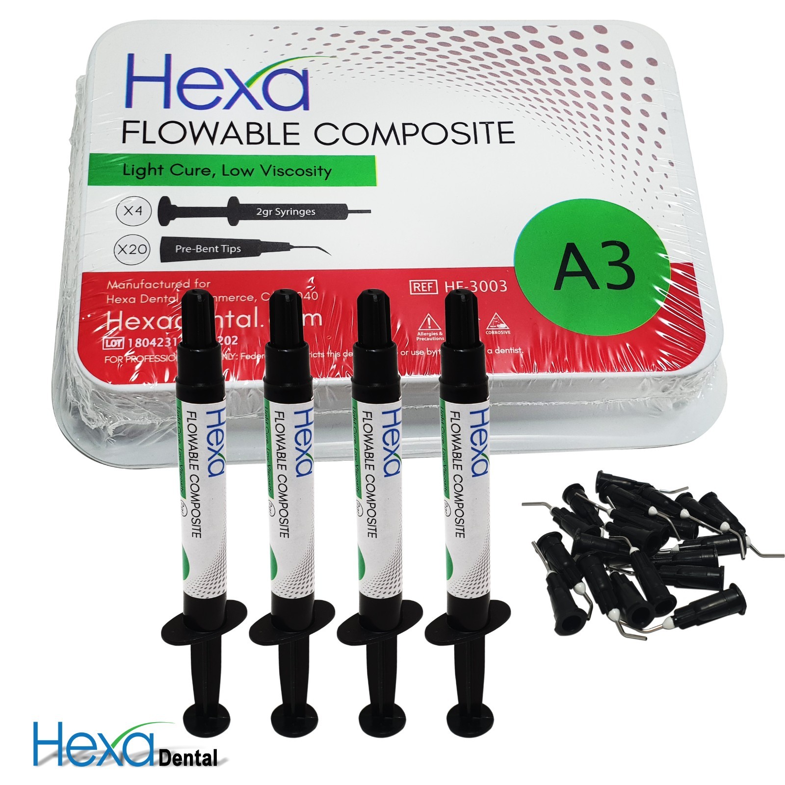 Hexa A3 Flowable Composite Light Cure, Low Viscosity (4 x 2gm Syringes, 20 Tips)