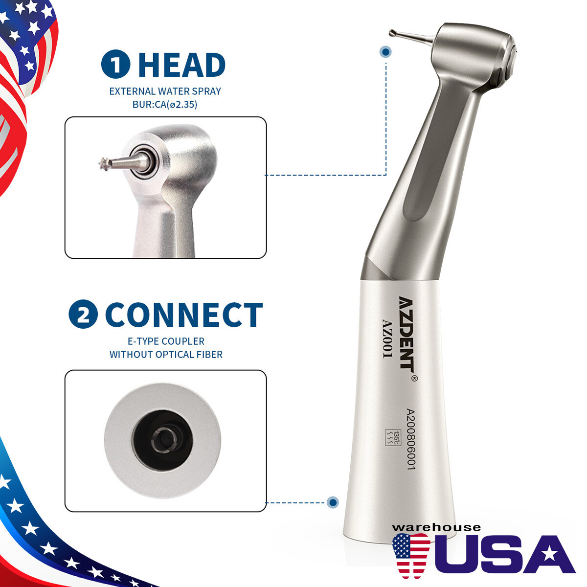 AZDENT Dental Slow Low Speed Contra Angle Handpiece E-type Push Button